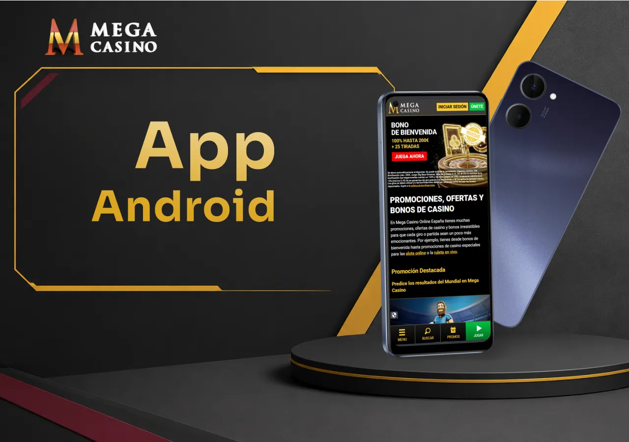 Dos teléfonos con la página principal y el logotipo de Android, mostrando la compatibilidad de Mega Casino.