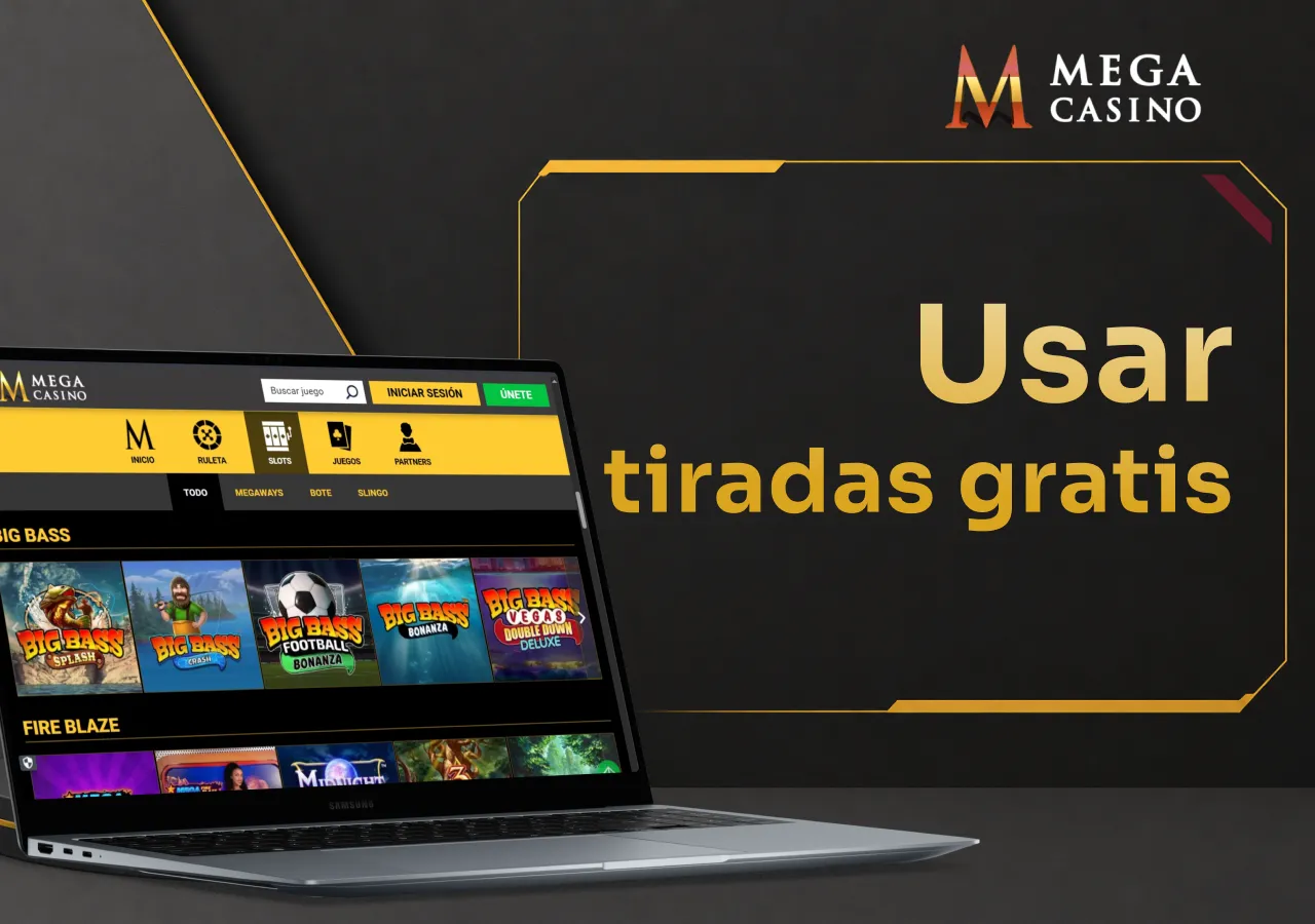 Portátil con el catálogo de juegos compatibles con los bonos y giros gratis de Mega Casino.