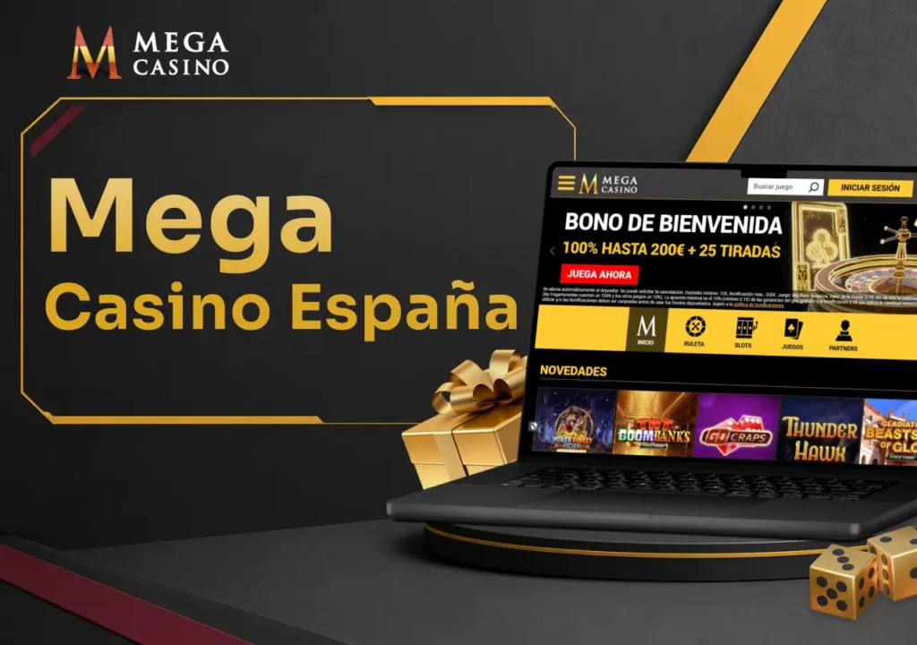 Portátil con la página de inicio de Mega Casino y dados junto a regalos promocionales.